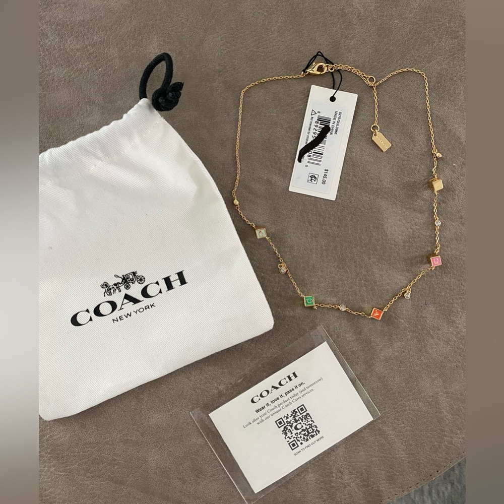 COACH Faux Stone Signature Logo Enamel Cube Strand Necklace Gold NWT + Dustbag - Picture 4 of 6